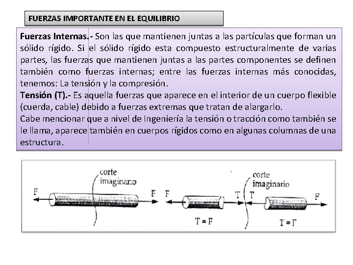 FUERZAS IMPORTANTE EN EL EQUILIBRIO Fuerzas Internas. - Son las que mantienen juntas a