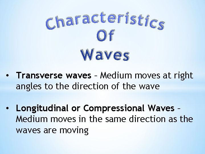  • Transverse waves – Medium moves at right angles to the direction of