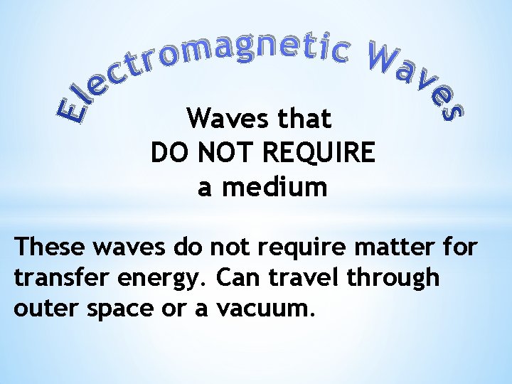 Waves that DO NOT REQUIRE a medium These waves do not require matter for