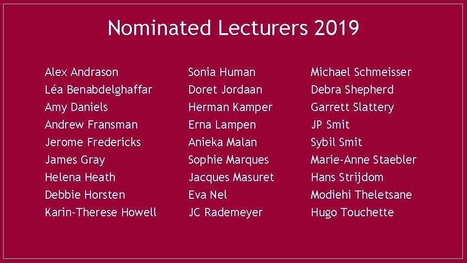 Nominated Lecturers 2019 Alex Andrason Léa Benabdelghaffar Amy Daniels Sonia Human Doret Jordaan Herman