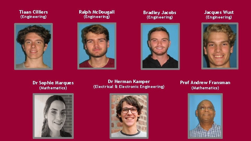 Tiaan Cilliers (Engineering) Dr Sophie Marques (Mathematics) Ralph Mc. Dougall (Engineering) Bradley Jacobs (Engineering)