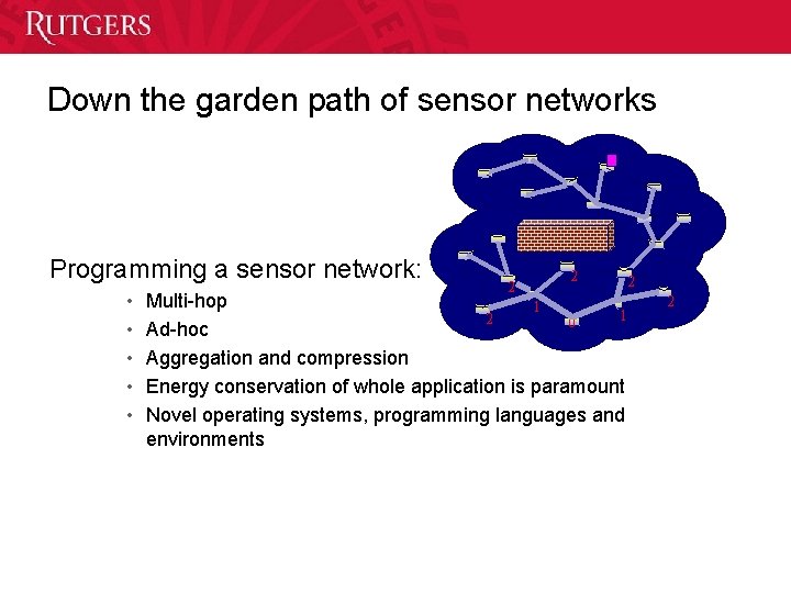Down the garden path of sensor networks Programming a sensor network: • • •