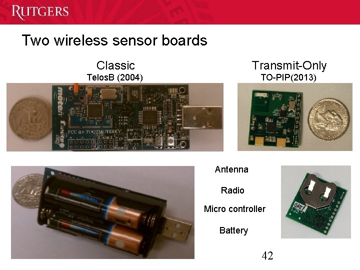 Two wireless sensor boards Classic Transmit-Only Telos. B (2004) TO-PIP(2013) Antenna Radio Micro controller