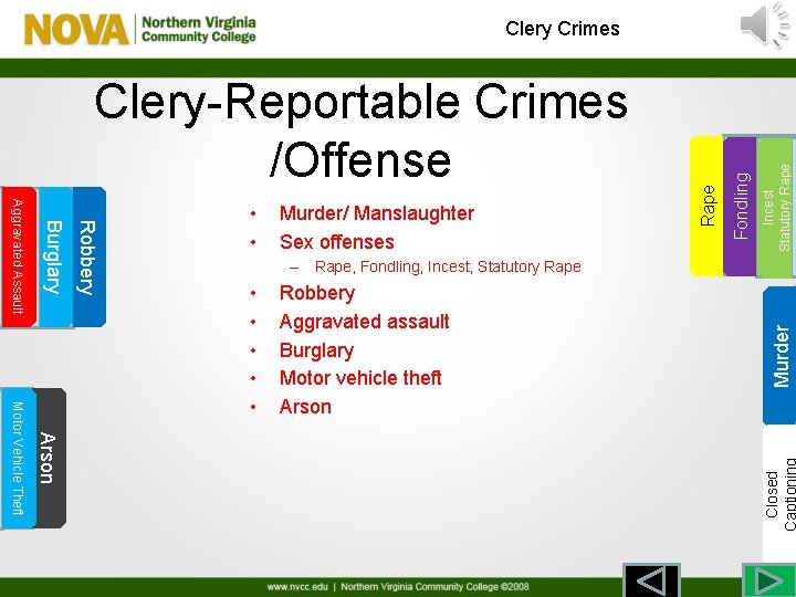 Clery Crimes Incest Statutory Rape Fondling Murder/ Manslaughter Sex offenses Fondlin Rape: The the