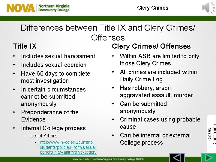 Clery Crimes Title IX Clery Crimes/ Offenses • Includes sexual harassment • Includes sexual