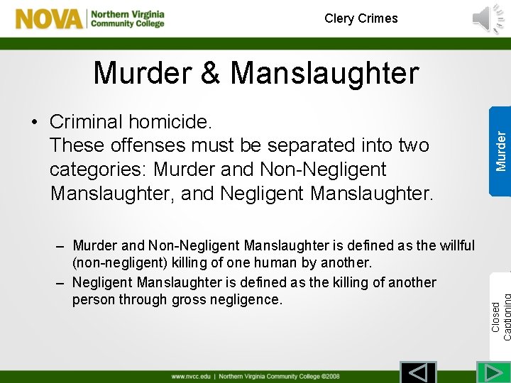 Clery Crimes – Murder and Non-Negligent Manslaughter is defined as the willful (non-negligent) killing