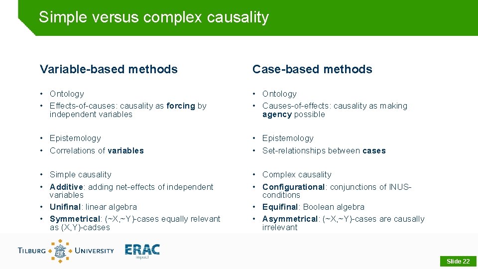 Simple versus complex causality Variable-based methods Case-based methods • Ontology • Effects-of-causes: causality as