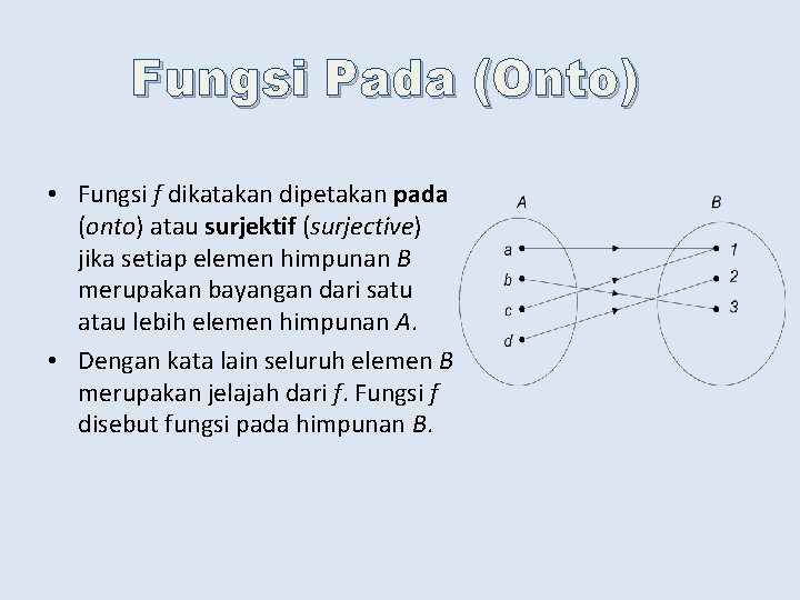 Fungsi Pada (Onto) • Fungsi f dikatakan dipetakan pada (onto) atau surjektif (surjective) jika