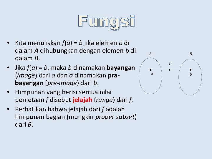 Fungsi • Kita menuliskan f(a) = b jika elemen a di dalam A dihubungkan