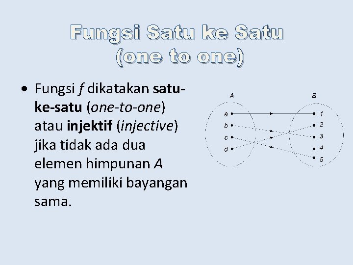 Fungsi Satu ke Satu (one to one) Fungsi f dikatakan satuke-satu (one-to-one) atau injektif