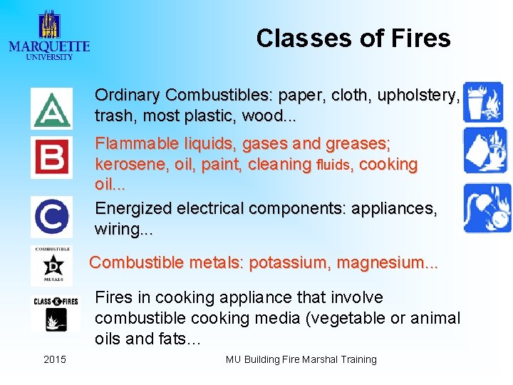 Classes of Fires Ordinary Combustibles: paper, cloth, upholstery, trash, most plastic, wood. . .