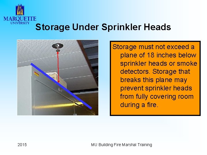 Storage Under Sprinkler Heads Storage must not exceed a plane of 18 inches below