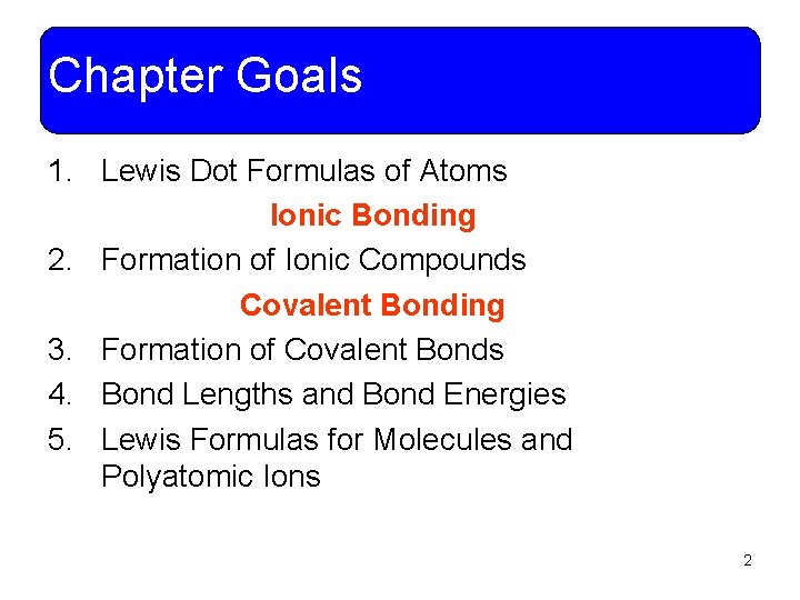 Chapter Goals 1. Lewis Dot Formulas of Atoms Ionic Bonding 2. Formation of Ionic