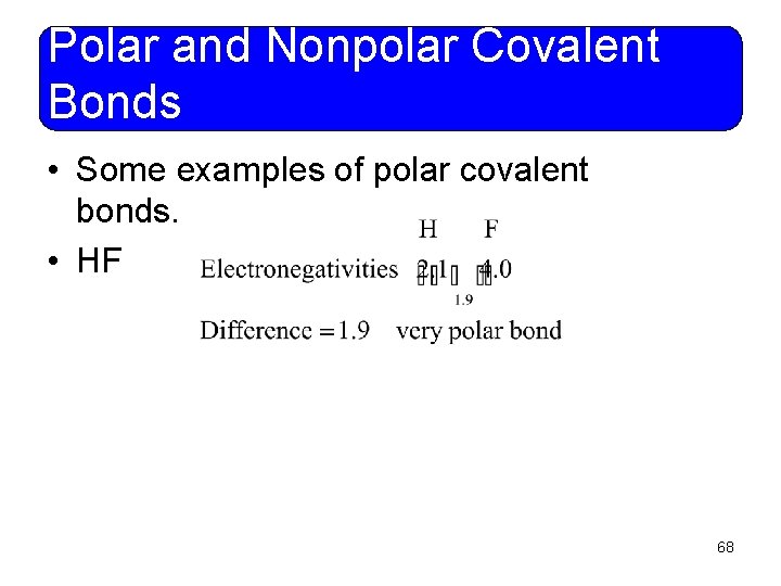 Polar and Nonpolar Covalent Bonds • Some examples of polar covalent bonds. • HF