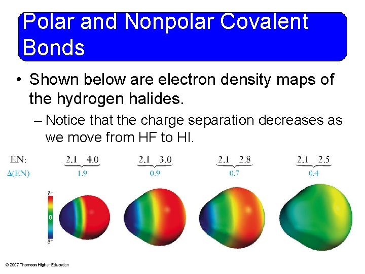 Polar and Nonpolar Covalent Bonds • Shown below are electron density maps of the