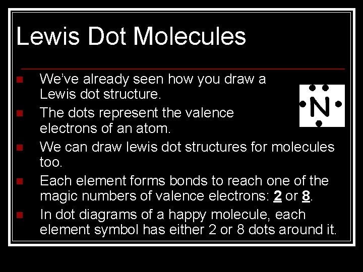 Lewis Dot Molecules n n n We’ve already seen how you draw a Lewis