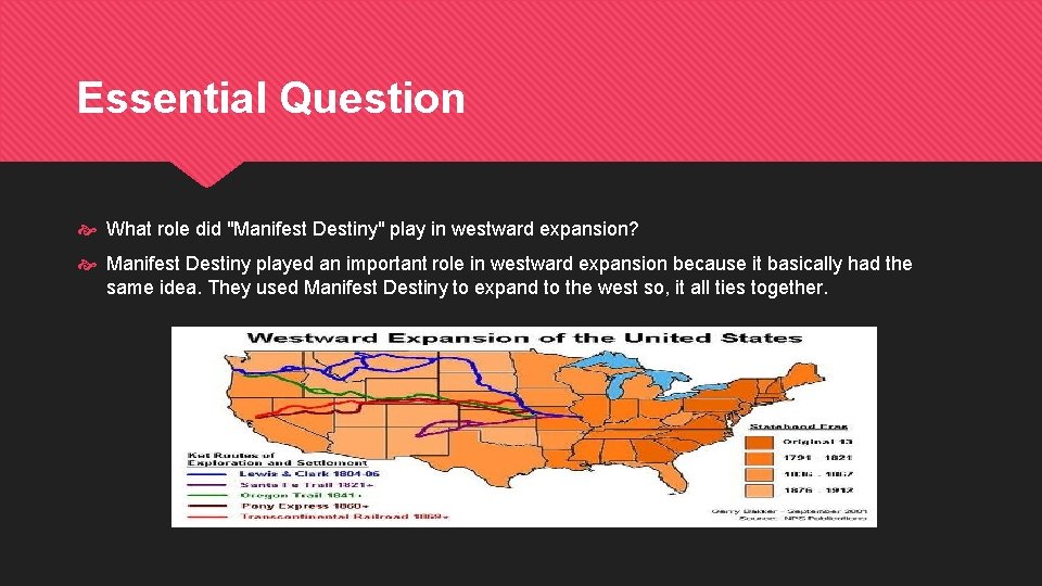 Essential Question What role did "Manifest Destiny" play in westward expansion? Manifest Destiny played