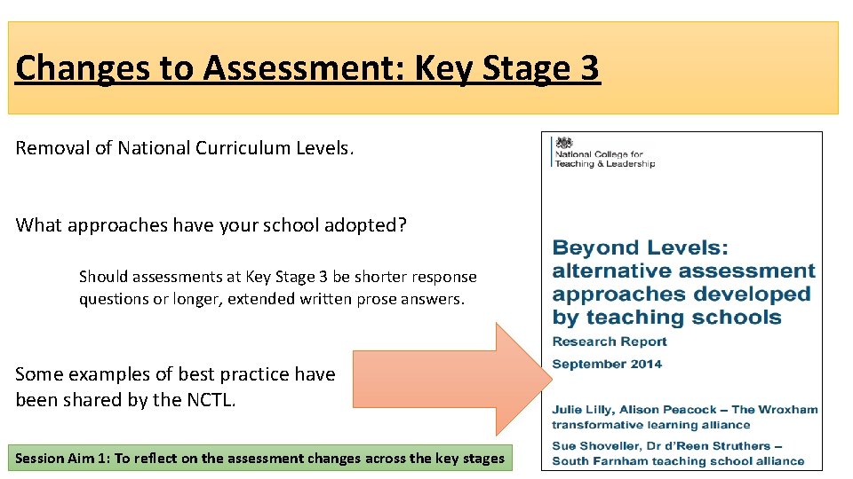 Changes to Assessment: Key Stage 3 Removal of National Curriculum Levels. What approaches have