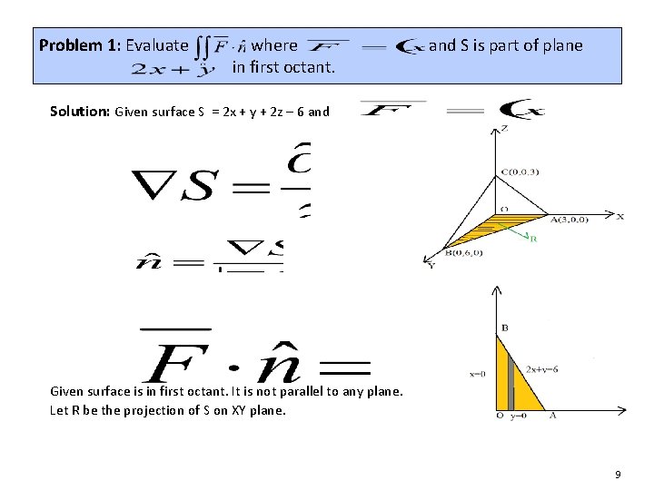 Problem 1: Evaluate where in first octant. and S is part of plane Solution: