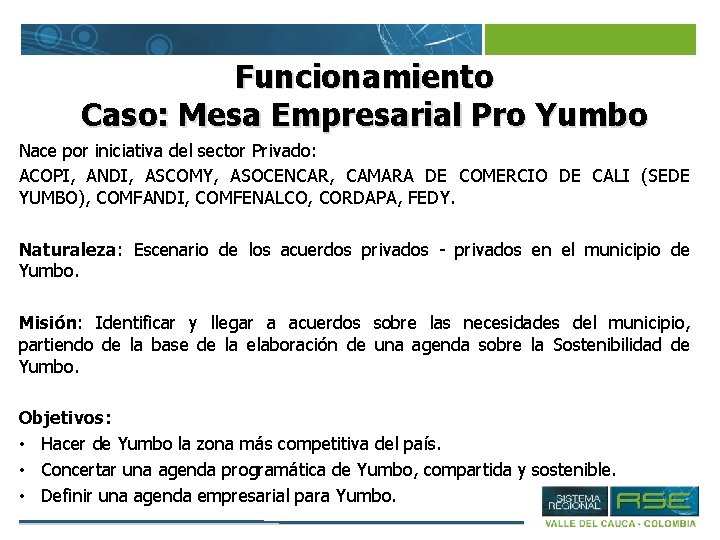 Funcionamiento Caso: Mesa Empresarial Pro Yumbo Nace por iniciativa del sector Privado: ACOPI, ANDI,