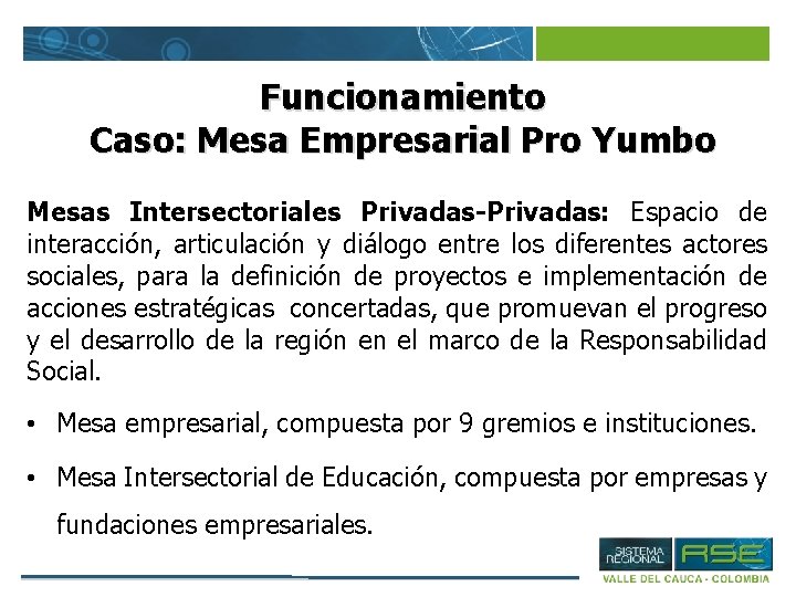 Funcionamiento Caso: Mesa Empresarial Pro Yumbo Mesas Intersectoriales Privadas-Privadas: Espacio de interacción, articulación y
