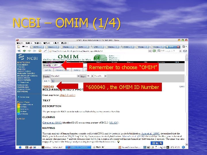NCBI – OMIM (1/4) Remember to choose “OMIM” *600040 , the OMIM ID Number
