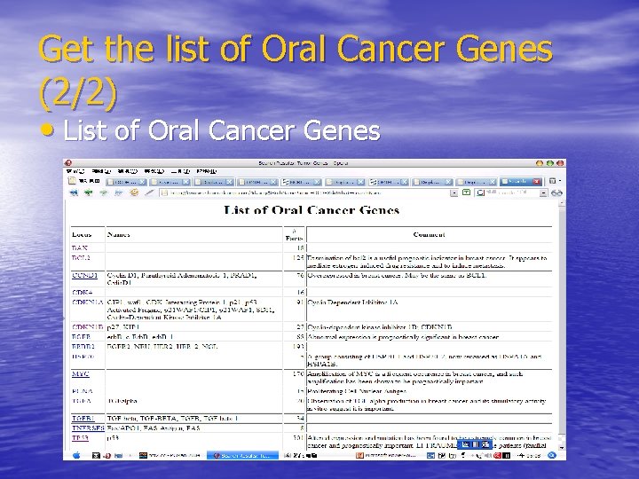 Get the list of Oral Cancer Genes (2/2) • List of Oral Cancer Genes