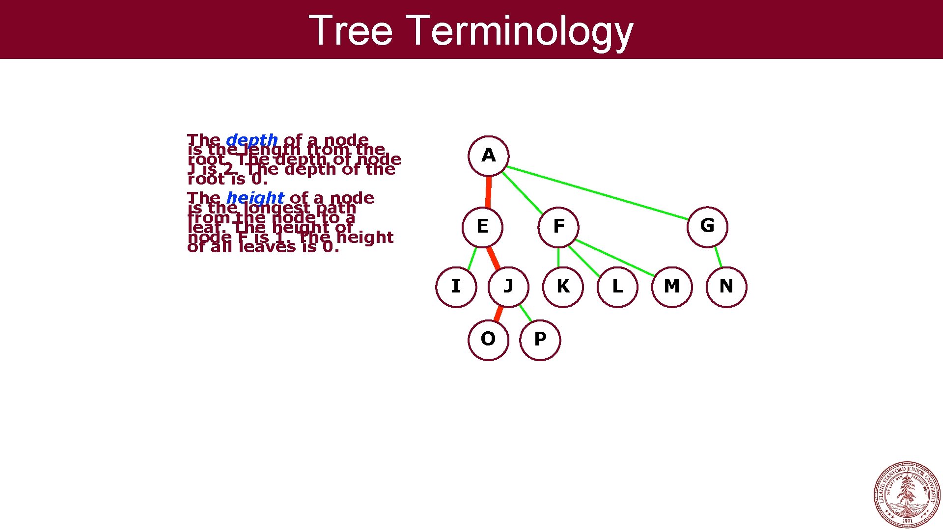 Tree Terminology The depth of a node is the length from the root. The Tree Terminology The depth of a node is the length from the root. The