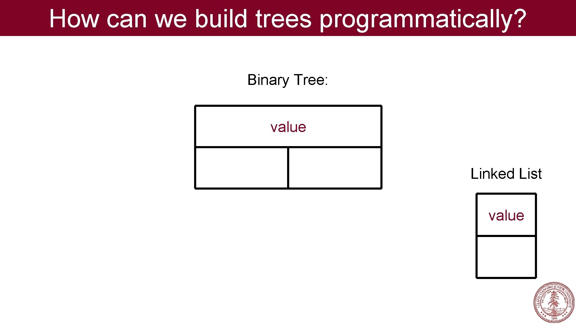 How can we build trees programmatically? Binary Tree: value Linked List value How can we build trees programmatically? Binary Tree: value Linked List value