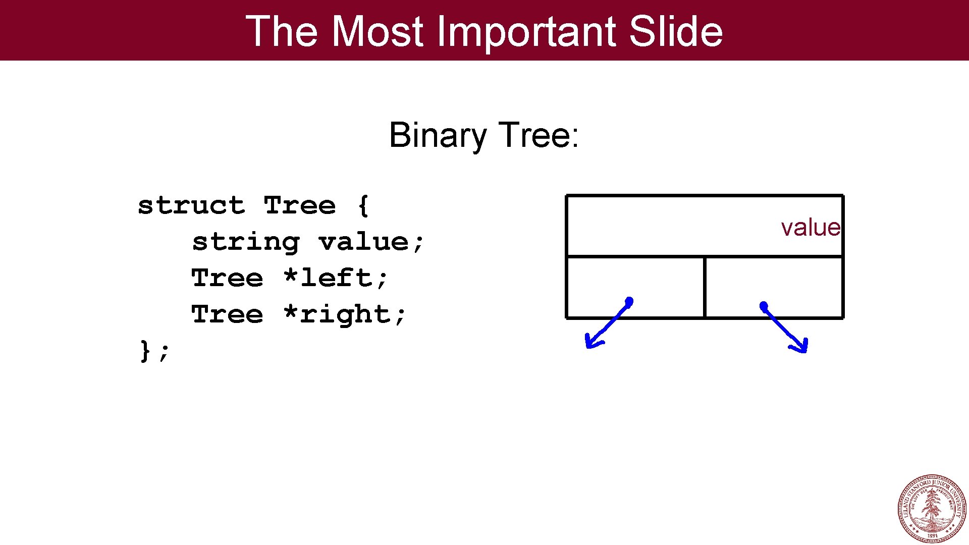 The Most Important Slide Binary Tree: struct Tree { string value; Tree *left; Tree The Most Important Slide Binary Tree: struct Tree { string value; Tree *left; Tree