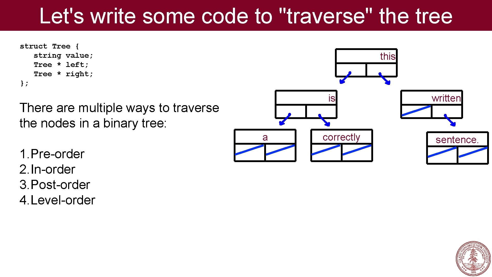 Let's write some code to "traverse" the tree struct Tree { string value; Tree Let's write some code to "traverse" the tree struct Tree { string value; Tree