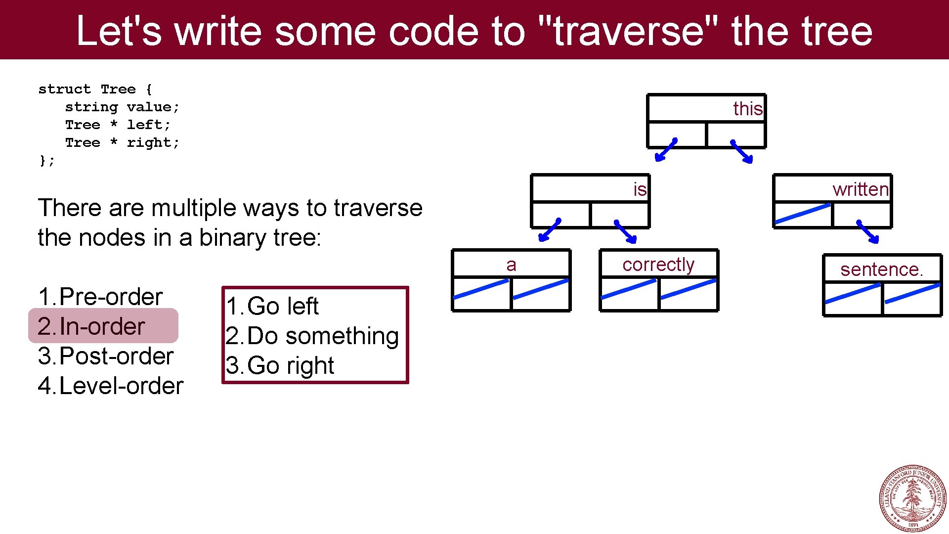 Let's write some code to "traverse" the tree struct Tree { string value; Tree Let's write some code to "traverse" the tree struct Tree { string value; Tree