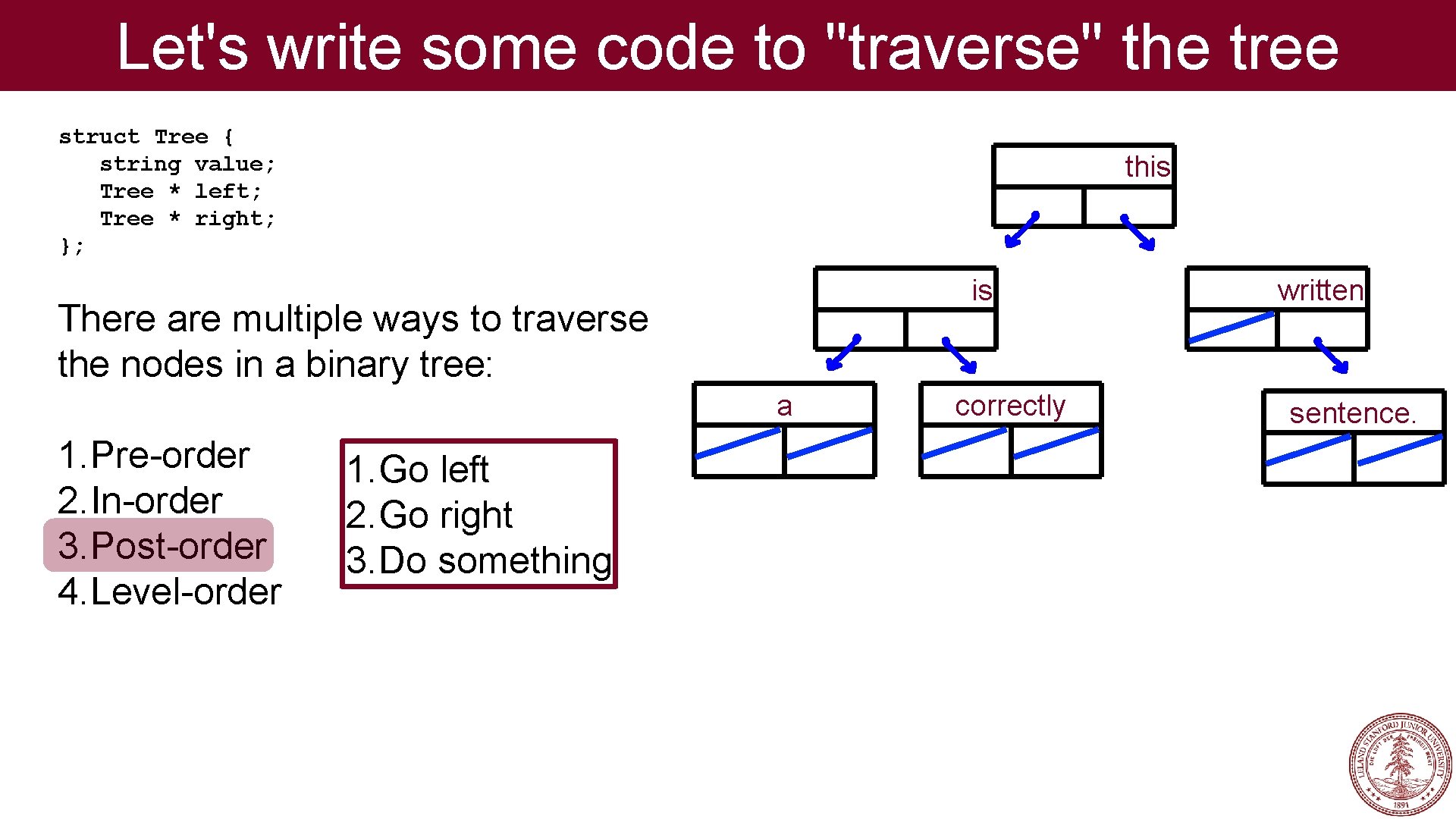 Let's write some code to "traverse" the tree struct Tree { string value; Tree Let's write some code to "traverse" the tree struct Tree { string value; Tree