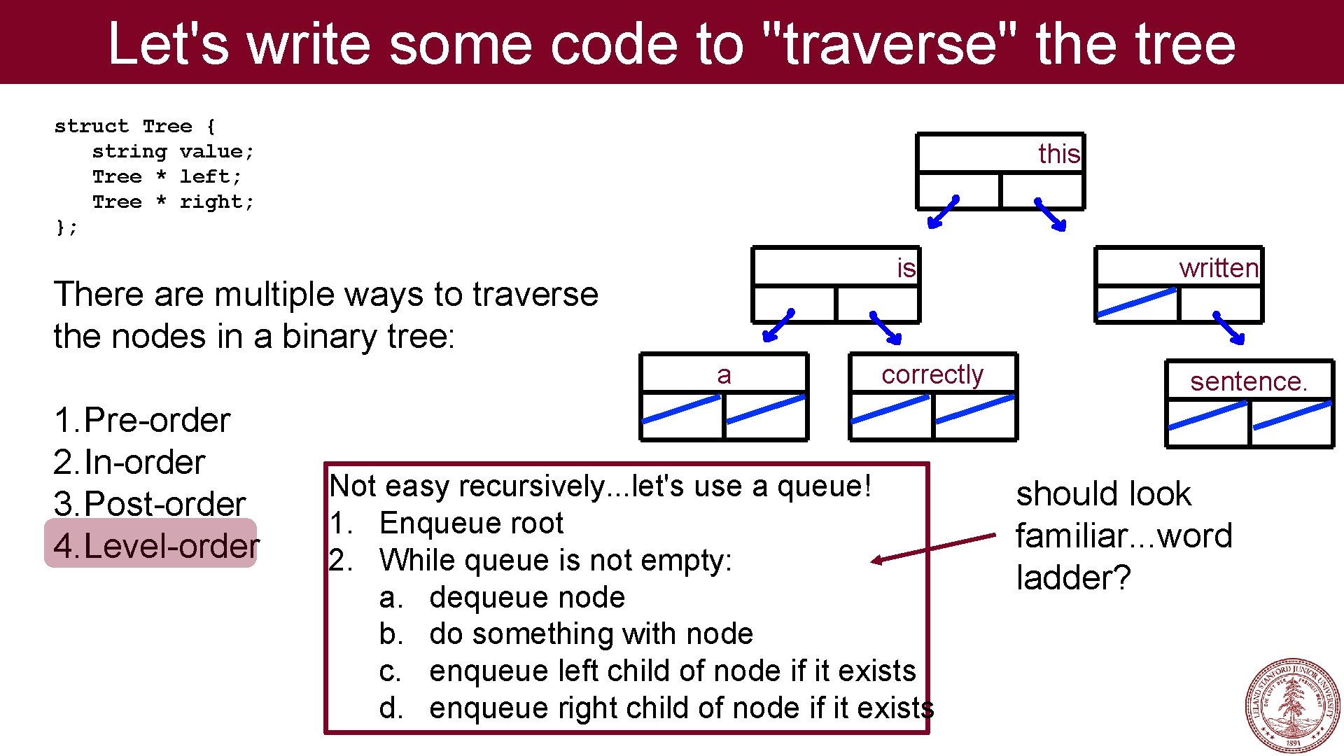 Let's write some code to "traverse" the tree struct Tree { string value; Tree Let's write some code to "traverse" the tree struct Tree { string value; Tree