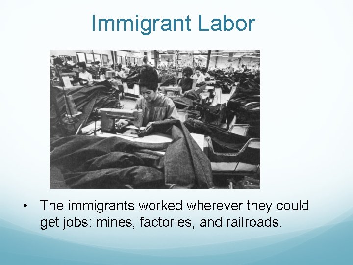 Immigrant Labor • The immigrants worked wherever they could get jobs: mines, factories, and