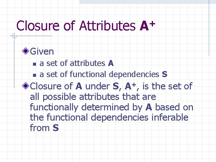 Closure of Attributes A+ Given n n a set of attributes A a set