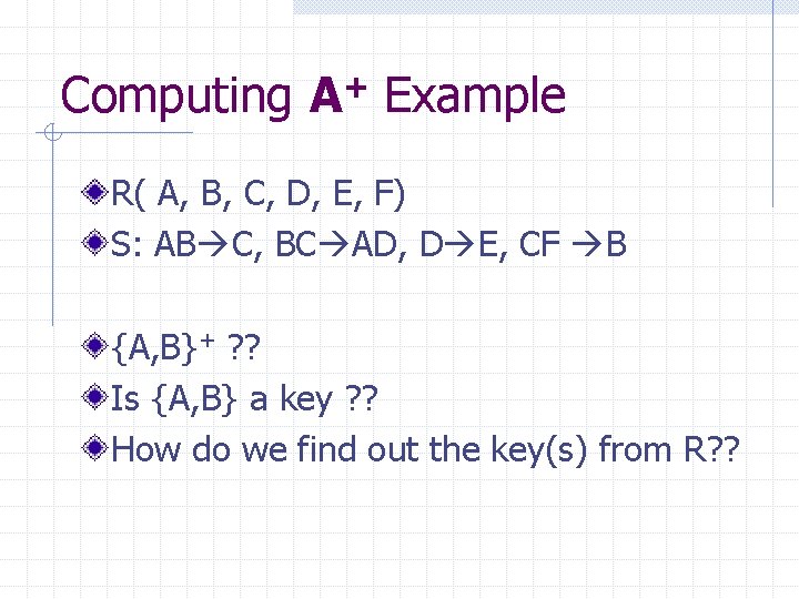 Computing A+ Example R( A, B, C, D, E, F) S: AB C, BC