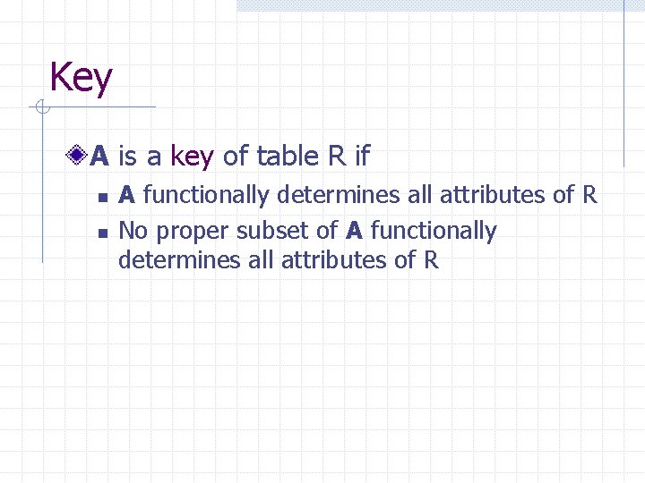 Key A is a key of table R if n n A functionally determines