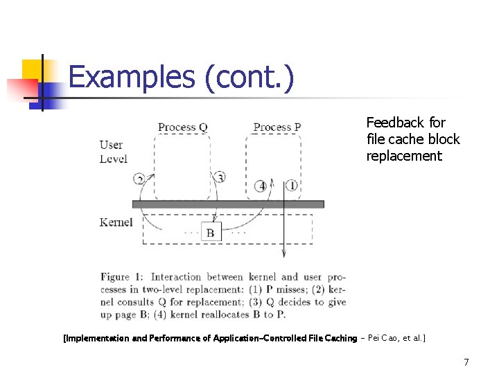 Examples (cont. ) Feedback for file cache block replacement [Implementation and Performance of Application-Controlled