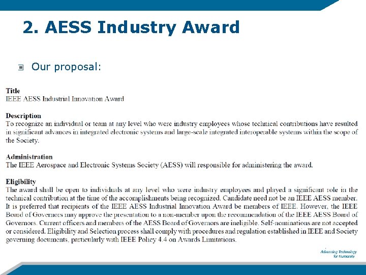 2. AESS Industry Award Our proposal: 