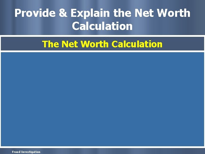 Provide & Explain the Net Worth Calculation The Net Worth Calculation Fraud Investigation 