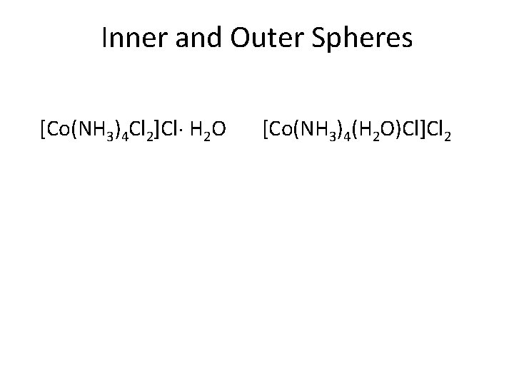 Inner and Outer Spheres [Co(NH 3)4 Cl 2]Cl H 2 O [Co(NH 3)4(H 2