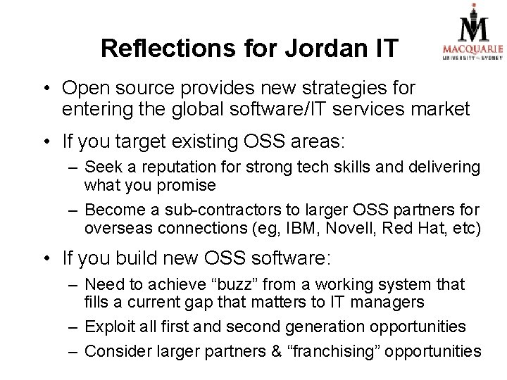 Reflections for Jordan IT • Open source provides new strategies for entering the global