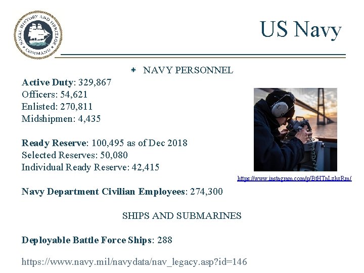 US Navy NAVY PERSONNEL Active Duty: 329, 867 Officers: 54, 621 Enlisted: 270, 811