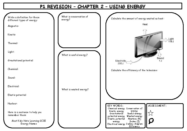 P 1 REVISION – CHAPTER 2 – USING ENERGY Write a definition for these