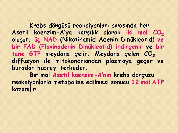 Krebs döngüsü reaksiyonları sırasında her Asetil koenzim-A’ya karşılık olarak iki mol CO 2 oluşur,