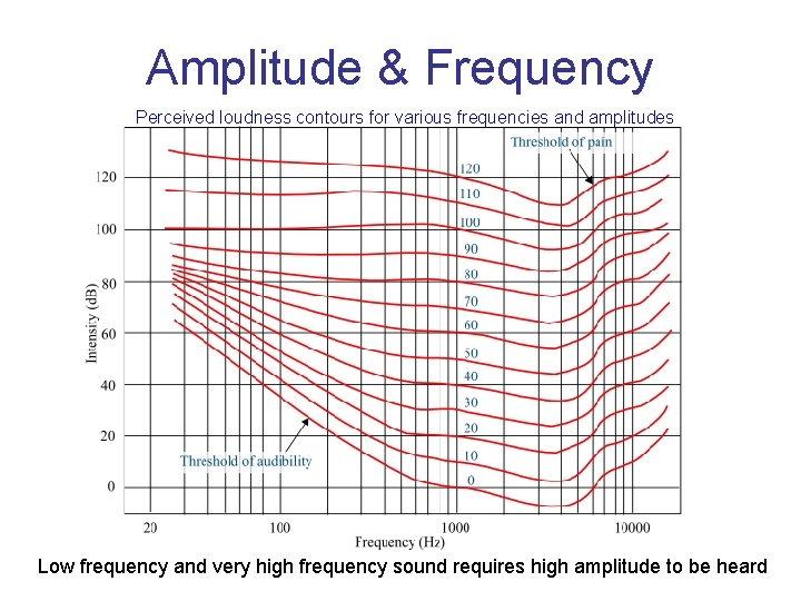 Amplitude & Frequency Perceived loudness contours for various frequencies and amplitudes Low frequency and