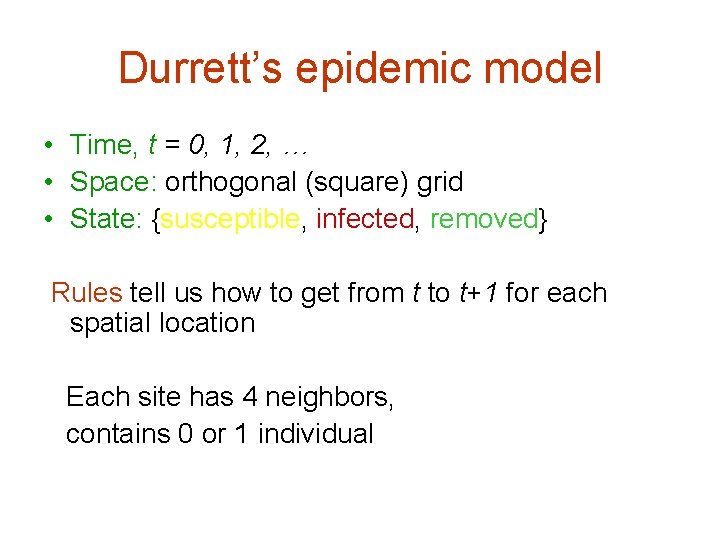 Durrett’s epidemic model • Time, t = 0, 1, 2, … • Space: orthogonal