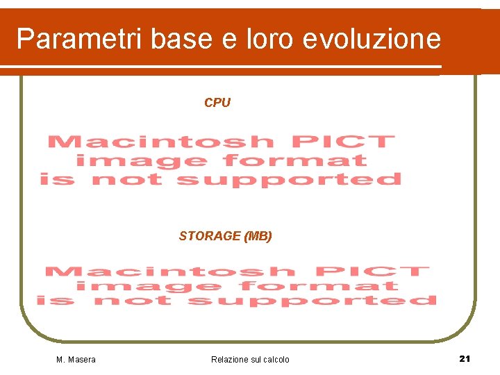 Parametri base e loro evoluzione CPU STORAGE (MB) M. Masera Relazione sul calcolo 21 Parametri base e loro evoluzione CPU STORAGE (MB) M. Masera Relazione sul calcolo 21