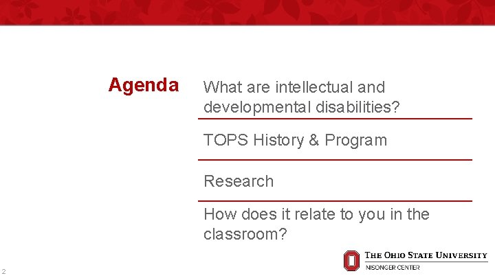 Agenda What are intellectual and developmental disabilities? TOPS History & Program Research How does